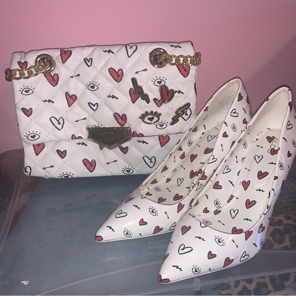 Aldo White Heels with Heart and Eye Design